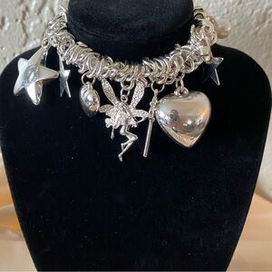 Vintage Whimsical Fairy 80’s All Silver Charm Bracelet Key Stars Hearts Fairy